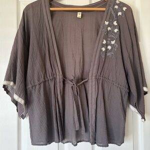 Gray Kimono Top with Embroidered Floral Design